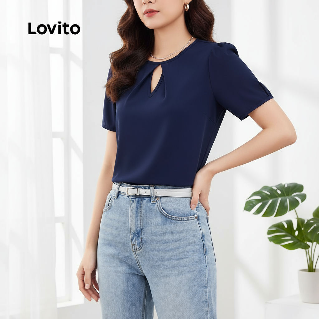 Lovito Blusa Feminina Azul Marinho, Elegante e Lisa com Recortes Vazados para Primavera/Verão L138ED269 em Oferta na Shopee