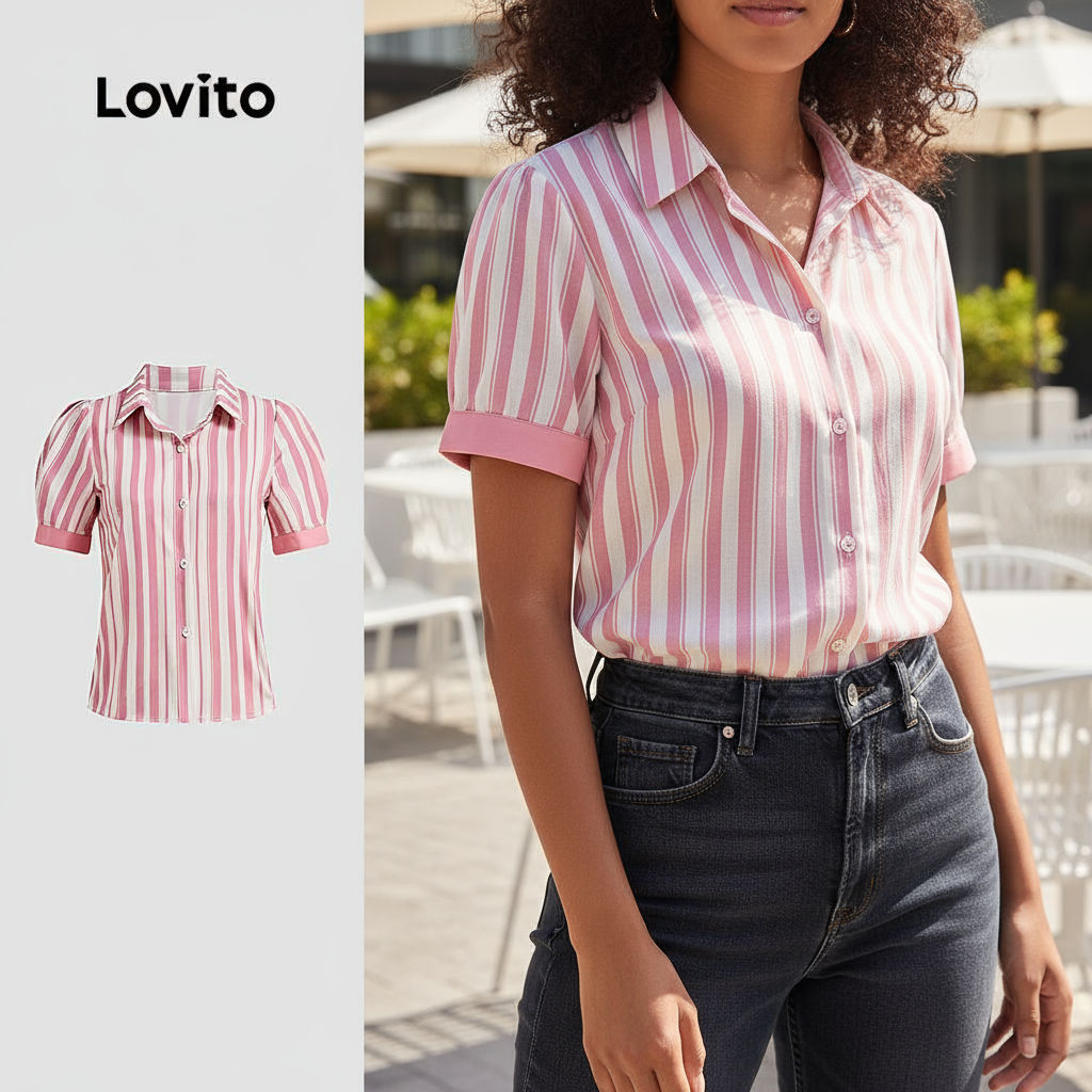 Blusa Feminina Boho de Botões com Bloqueio de Cores Lovito - Primavera/Verão, Rosa L142ED618 em Oferta na Shopee