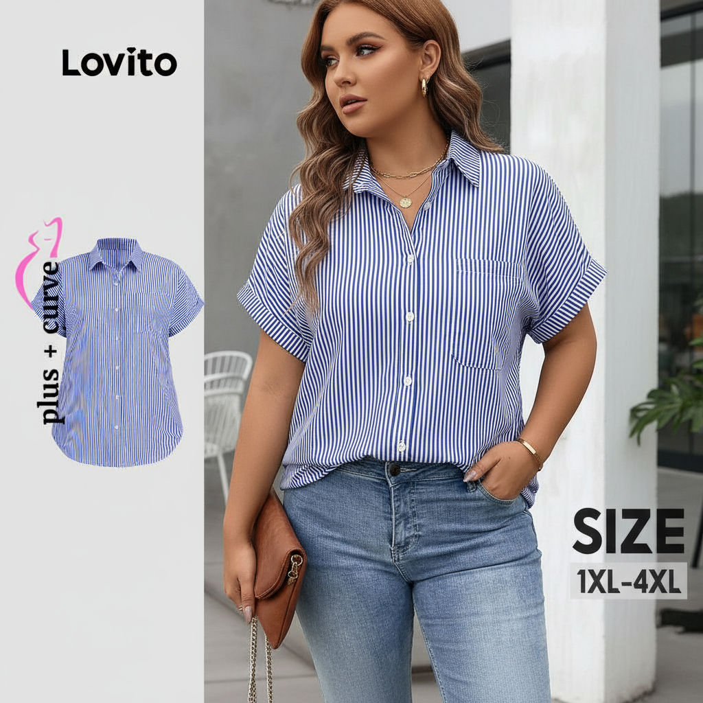 Lovito Blusa Casual Plus Size Curva Listrada Botões Básica Verão/primavera Feminina LBL24587