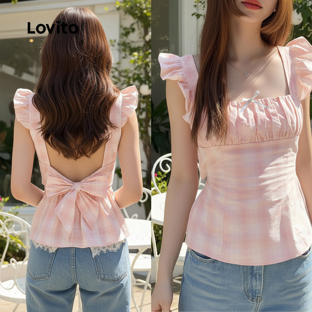 Lovito Blusa Feminina Rosa com Laço Fofo, Fresca e Confortável para Primavera/Verão L139AD384