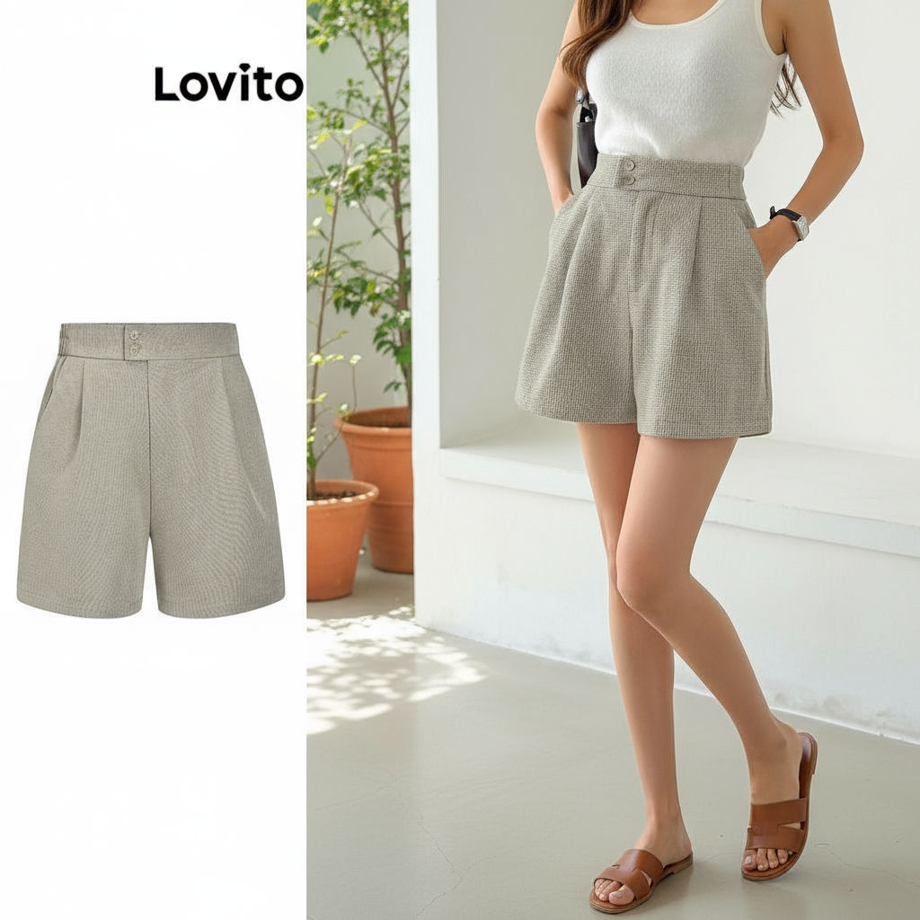 Lovito Shorts Femininos Casuais de Guingão com Botões para Mulheres L70AD058 (Multicolorido)