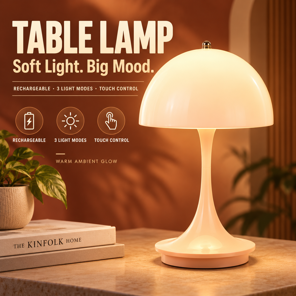Luminária de Mesa Cogumelo LED Recarregável, Controle por Toque, 3 Cores, Dimerizável