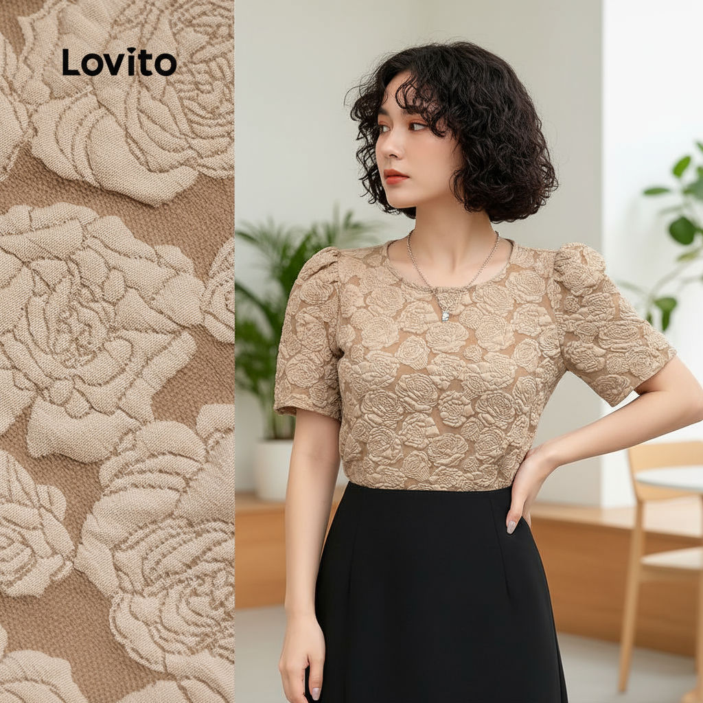 Blusa Feminina em Jacquard com Franzido Elegante para Primavera/Verão, Cor Cáqui, Marca Lovito, Modelo L138ED195 em Oferta na Shopee
