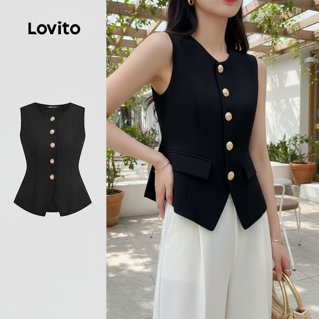 Lovito Blusa Feminina Preta Clássica e Versátil com Botões para Primavera/Verão L143ED018 em Oferta na Shopee