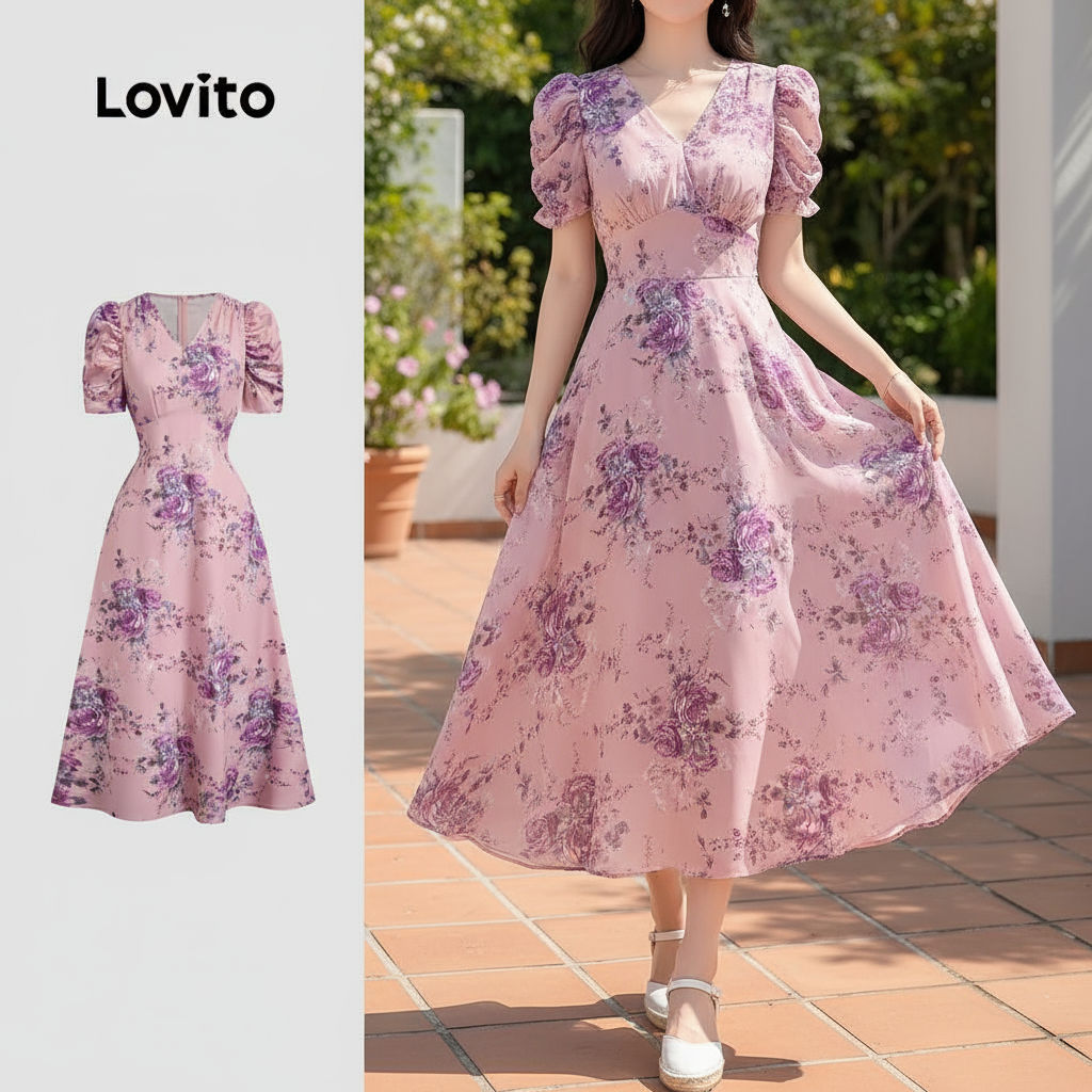 Lovito Vestido Elegante Estruturado com Pregas Primavera/verão Cinza e Roxo para Mulheres L137LD476\4 em Oferta na Shopee