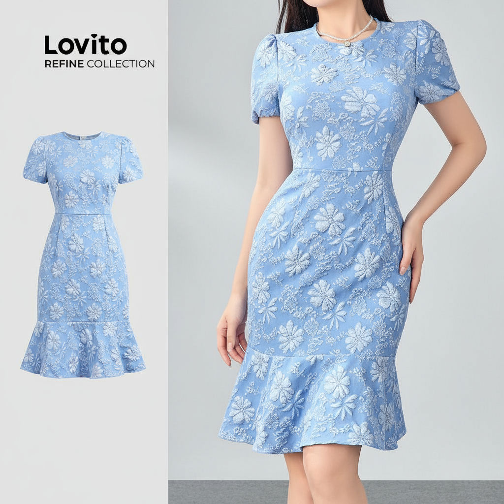Vestido feminino azul elegante, com zíper liso, ideal para primavera e verão LR11ED001