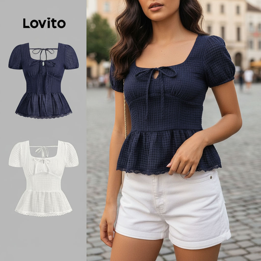 Blusa Feminina de Renda Azul Escura com Amarração, Confortável e Moderna para Primavera/Verão - Lovito em Oferta na Shopee