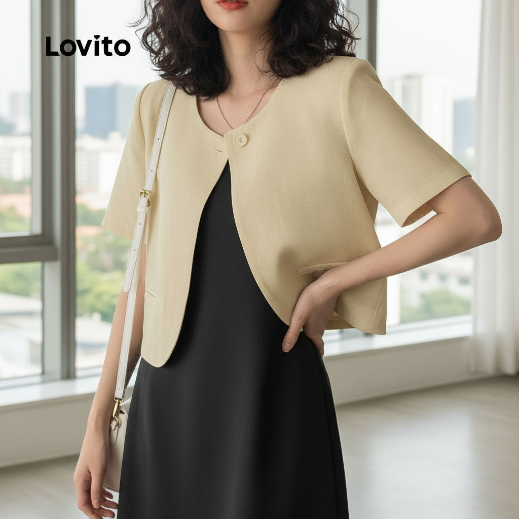 Lovito Blazer Casual Feminino Liso Com Botão LNM69297 em Oferta na Shopee