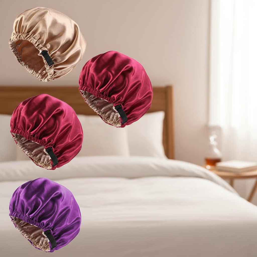 Touca de Dormir para Mulheres com Cabelo Naturalmente Enrolado - Touca de Cetim Ajustável para Cuidado de Beleza e