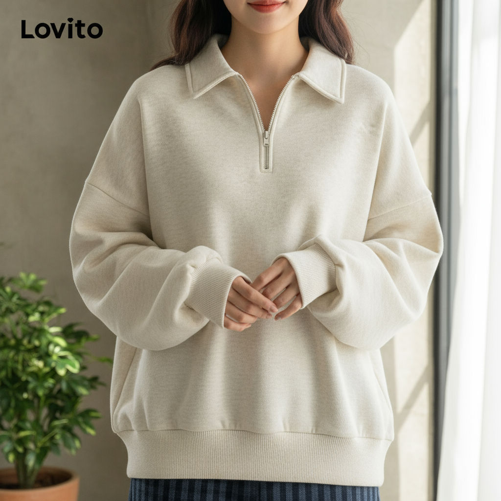 Lovito Moletom Feminino Casual Zíper Liso Primavera/Verão L102AD477 em Oferta na Shopee