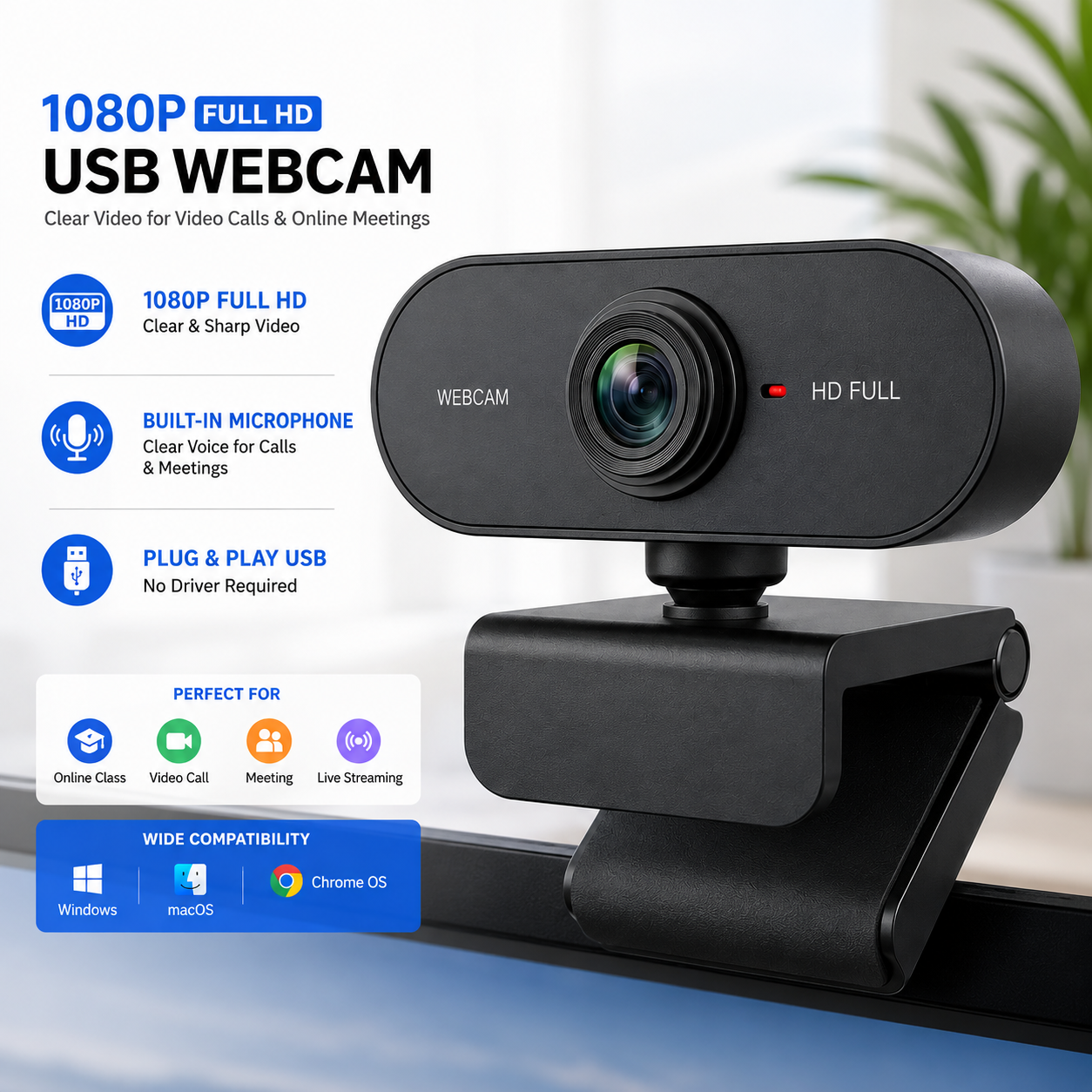 Câmera Web JCL 1080p para PC, Câmera USB Full HD com Microfone, Câmera Computador Plug & Play para Notebook e Desktop,