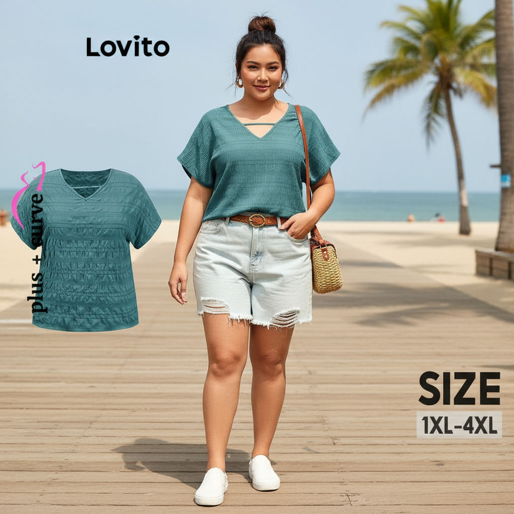 Lovito Blusa Curva Plus Size Casual Blusa Jacquard Lisa Para Mulheres LBL18316\6 em Oferta na Shopee
