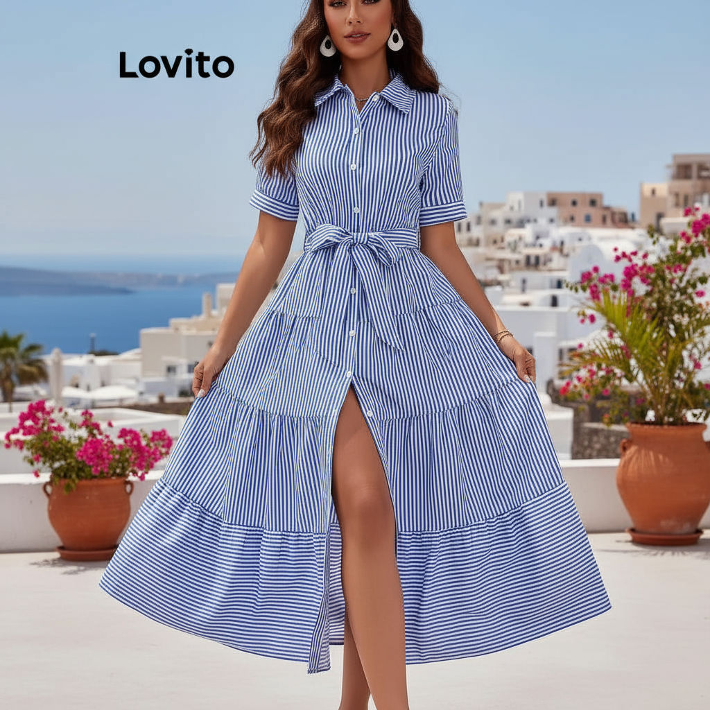 (trendy6)Lovito Vestido Casual Listrado Com Botão Frontal E Cinto Para Mulheres LNL79306 em Oferta na Shopee