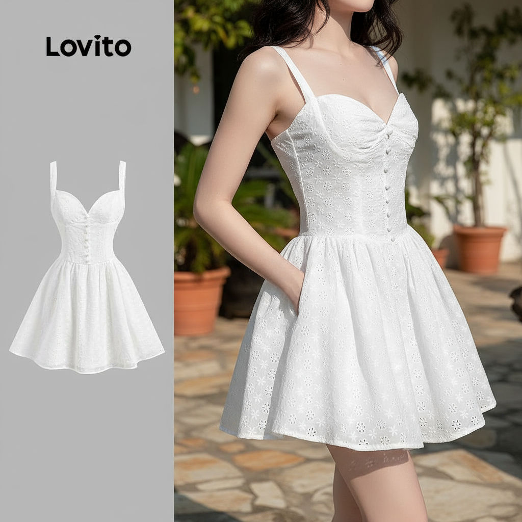 Lovito Vestido Boho Liso Com Bordado de Ilhós, Ideal para Verão/Primavera Feminino L132ED367 em Oferta na Shopee