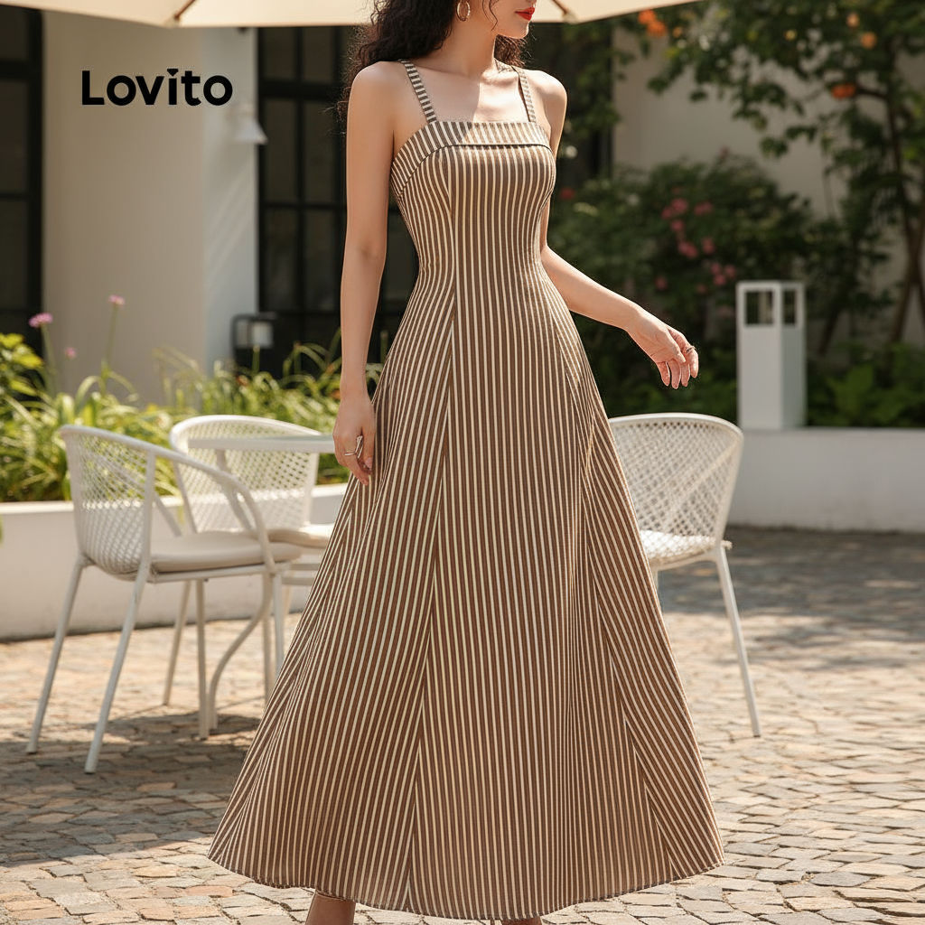 Vestido Feminino Boho Natalino Lovito, Zíper, Toque Macio, Outono/Primavera, Marrom L137LD173