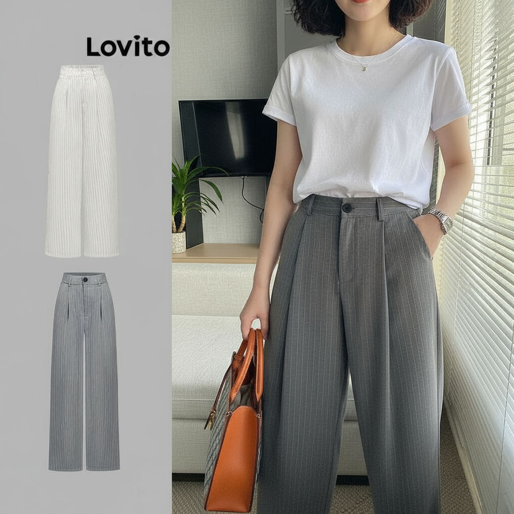 Lovito Calça Feminina Casual Listrada com Estampa de Botão L76AD101 (Multicolorida) em Oferta na Shopee