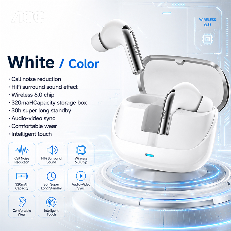 Fones de ouvido AOC ACT4635 Fones de ouvido Bluetooth 6.0 Redução inteligente de ruído Fones de ouvido dinâmicos de