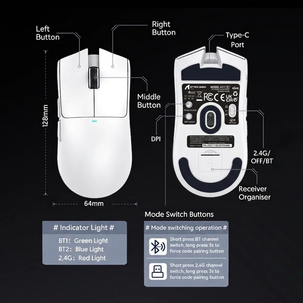 Mouse Gamer Leve Attack Shark X11 SE com Três Modos, Vida Útil dos Botões HUANO de 20 Milhões, Sensor PAW3311, 63g · foto 2