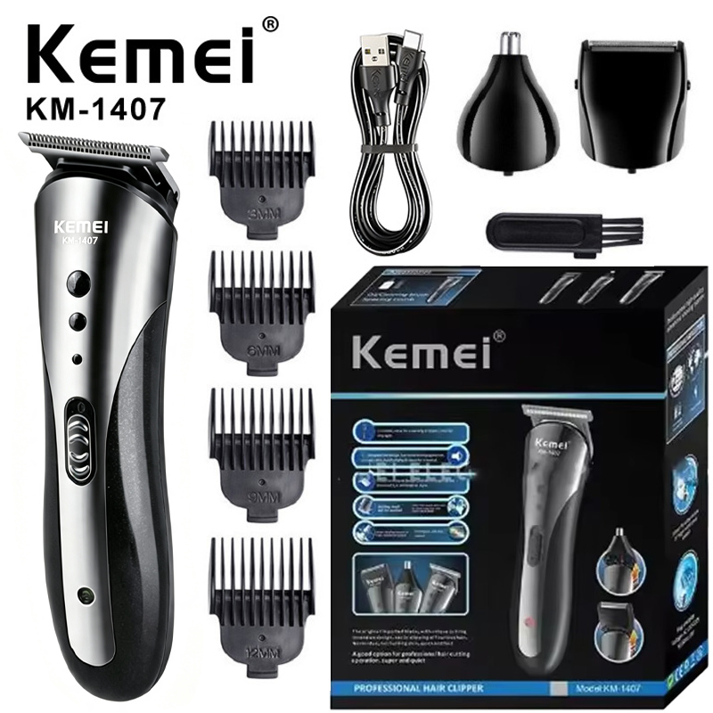 Conjunto de cuidados masculinos multifuncional 3 em 1 KEMEI KM-1407, barbeador elétrico recarregável, cortador de pelos