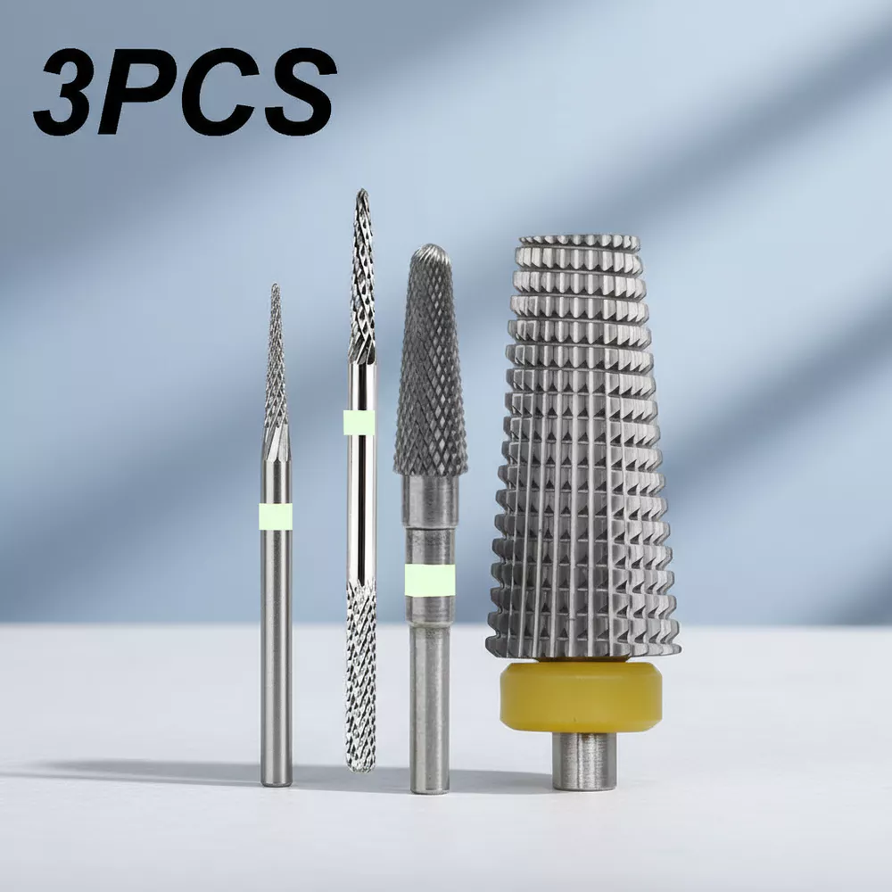 3 peças Kit de brocas de carboneto de tungstênio para arte de unhas em gel profissional, acabamento cônico de porcelana