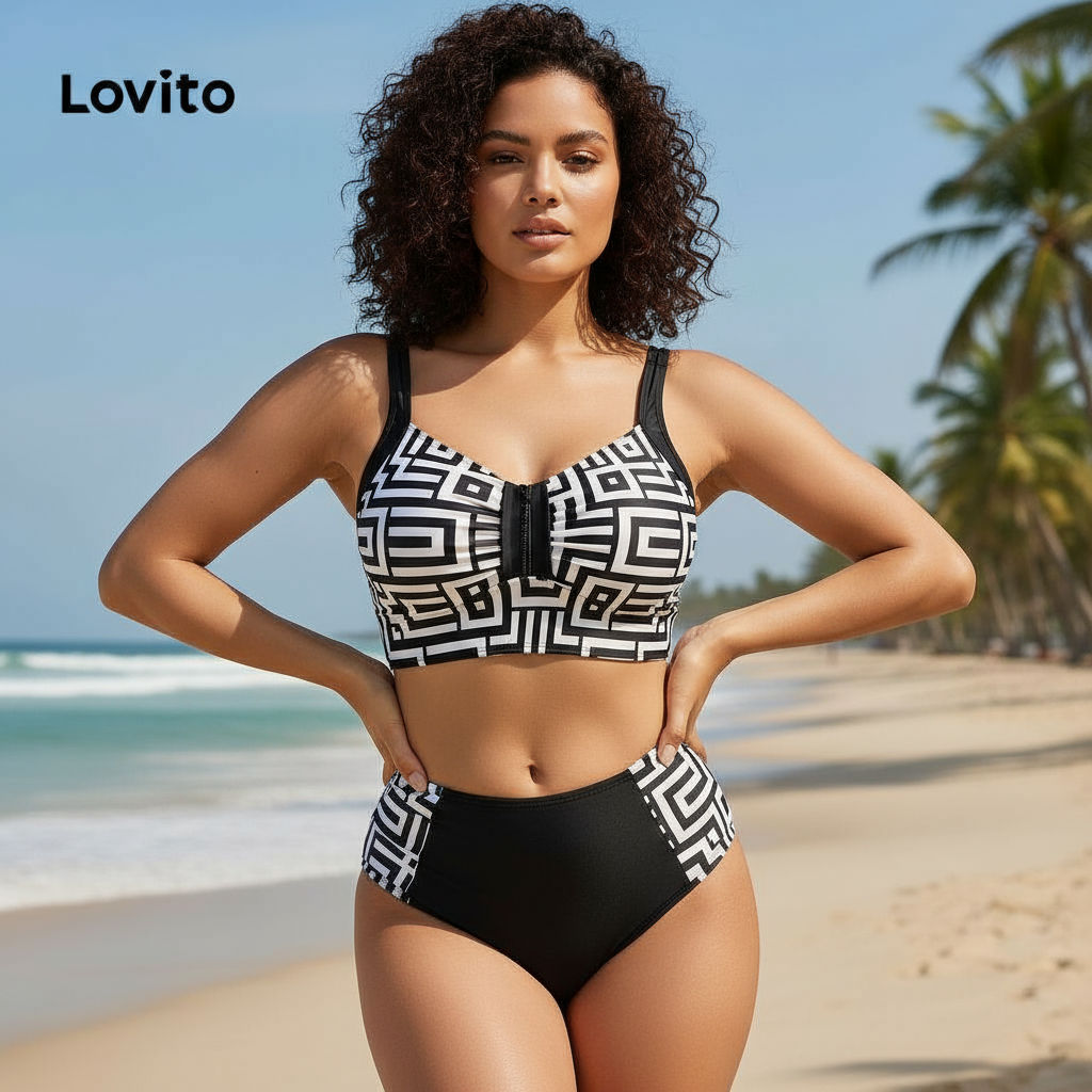 Lovito Biquíni Boho Feminino com Costura Geométrica e Tecido Colorblock LBL17663 em Oferta na Shopee