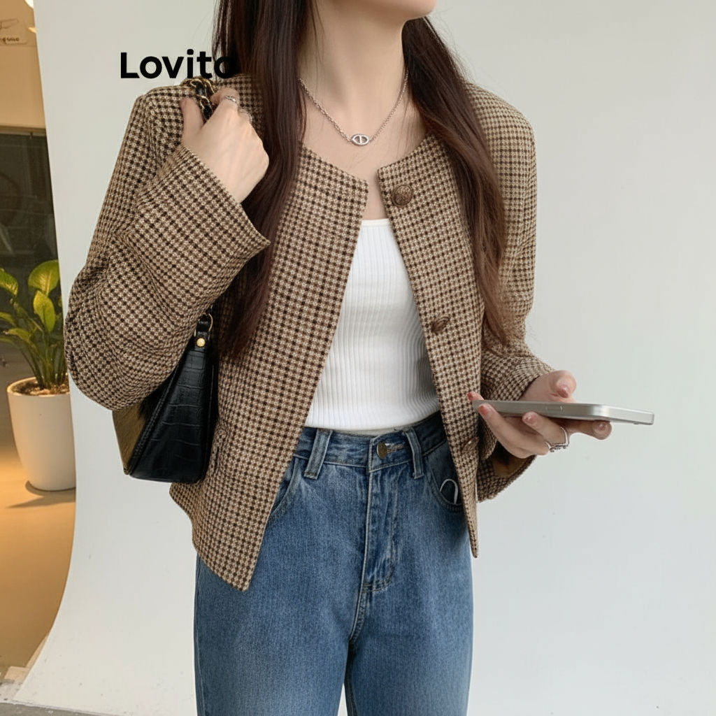(trendy3) Lovito Blazer Casual Blazer Frontal Com Botão Liso Para Mulheres LNA40091 em Oferta na Shopee