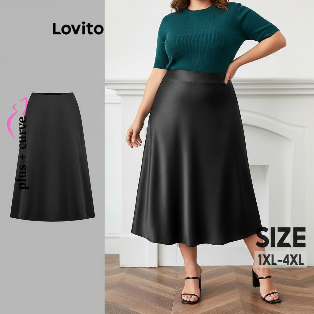 Lovito Saia Feminina Plus Size Curva Elegante e Lisa Básica para Mulheres LBL17755 em Oferta na Shopee