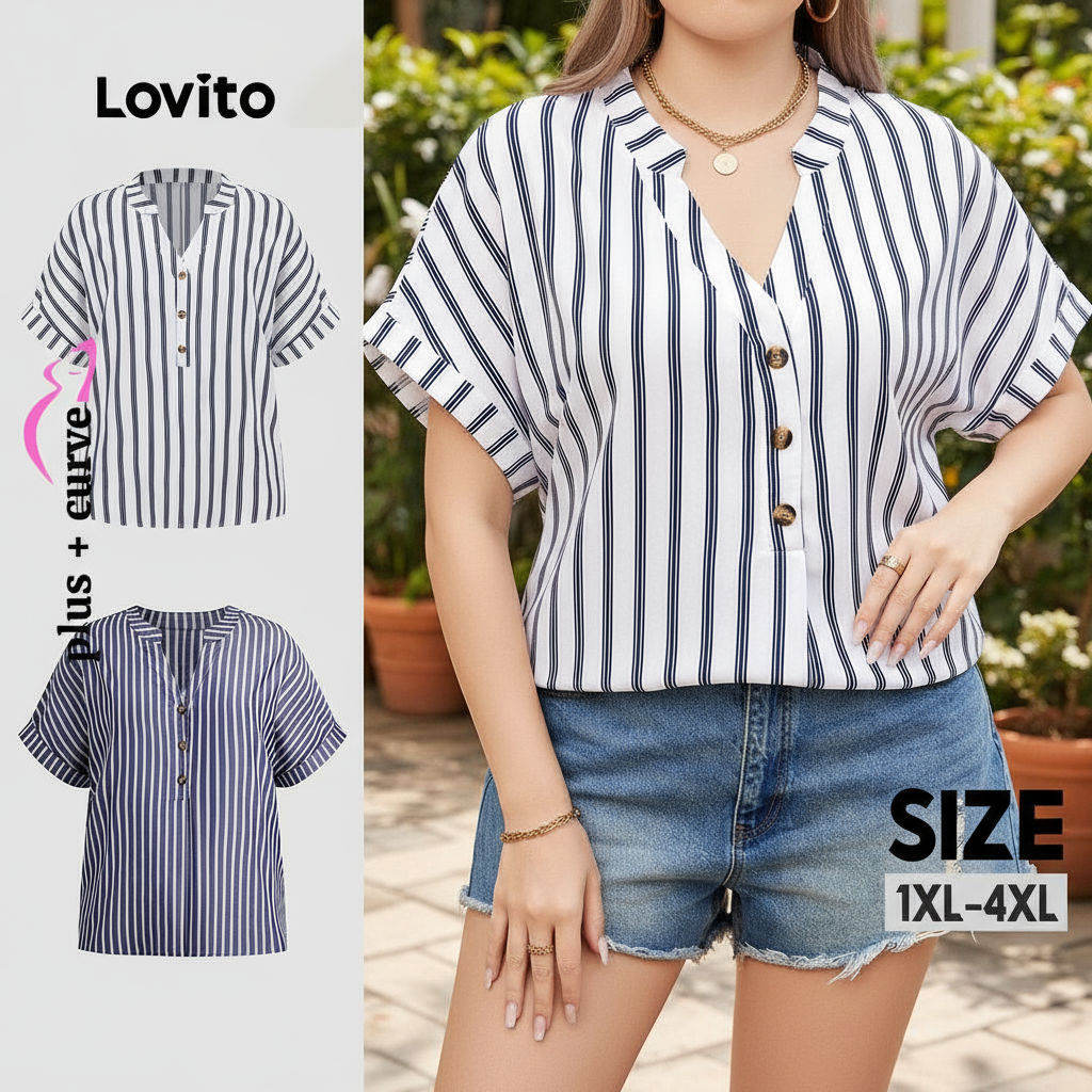 Blusa Feminina Plus Size Lovito Listrada com Botões para Verão e Primavera LBL19291 em Oferta na Shopee