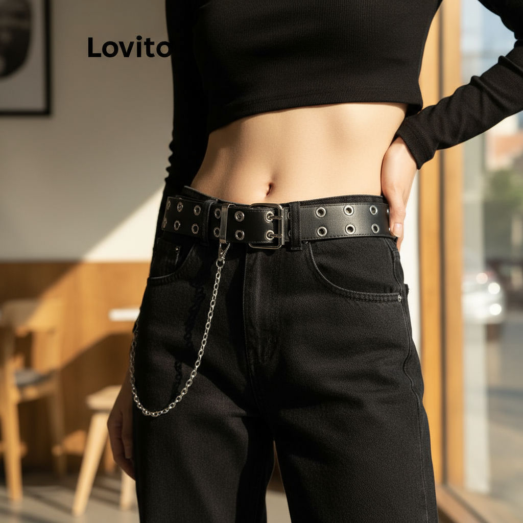 (Trendy2) Lovito Cinto de Corrente Simples para Mulheres L60AD093 (Preto) em Oferta na Shopee