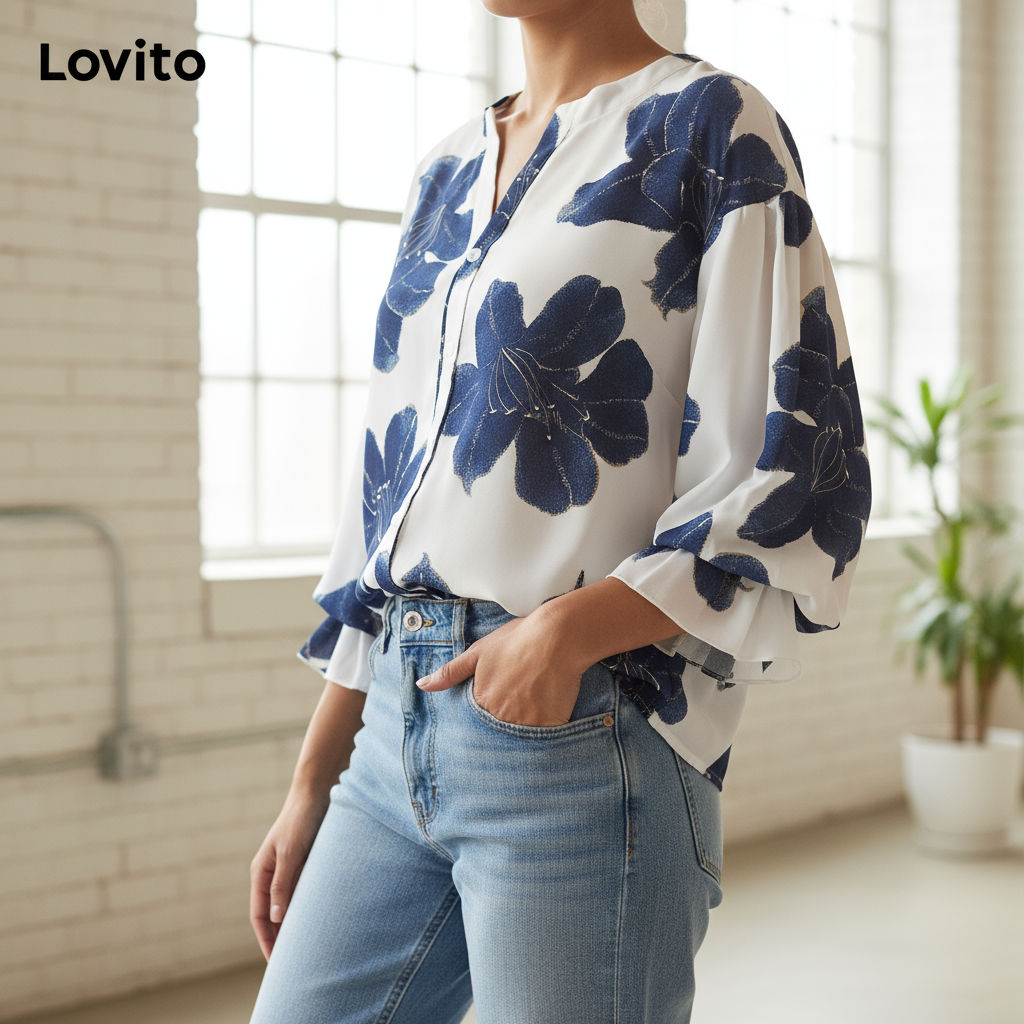Lovito Blusa Feminina Floral com Botões, Elegante LNL71238