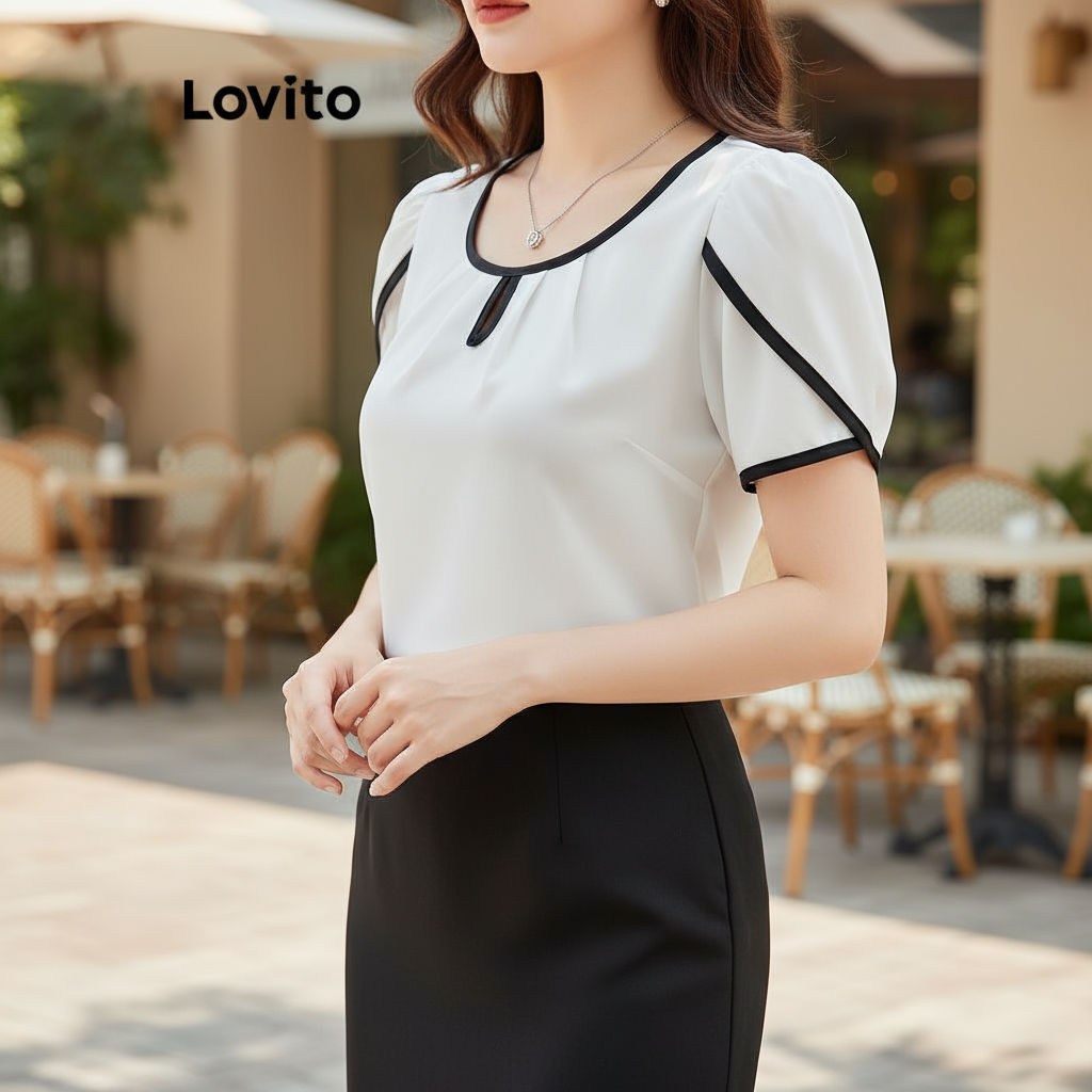 trendy5-Lovito Blusa Elegante De Primavera E Verão Com Encadernação Simples E Contrastante Para Mulheres L120ED339