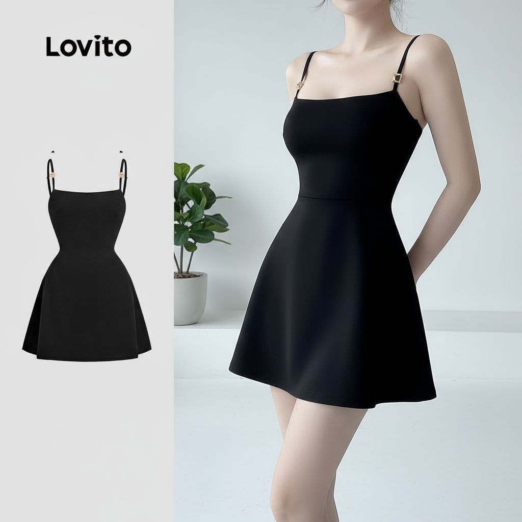 Lovito Vestido Casual Preto Retrô, Fivela de Metal, Alça Ajustável, Primavera/Verão, Feminino L134ED1004 em Oferta na Shopee