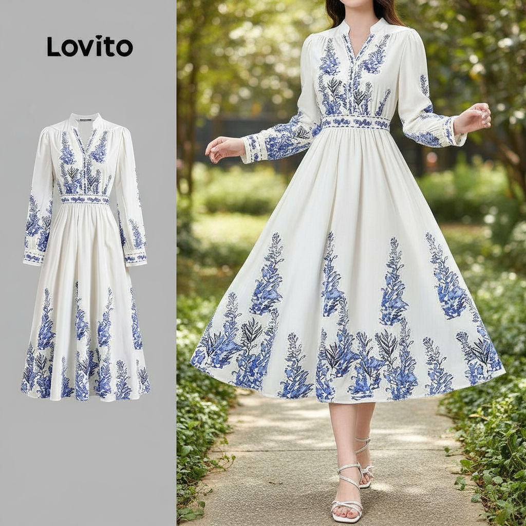 Lovito Vestido feminino elegante com estampa floral e detalhes em tecido LBL23626