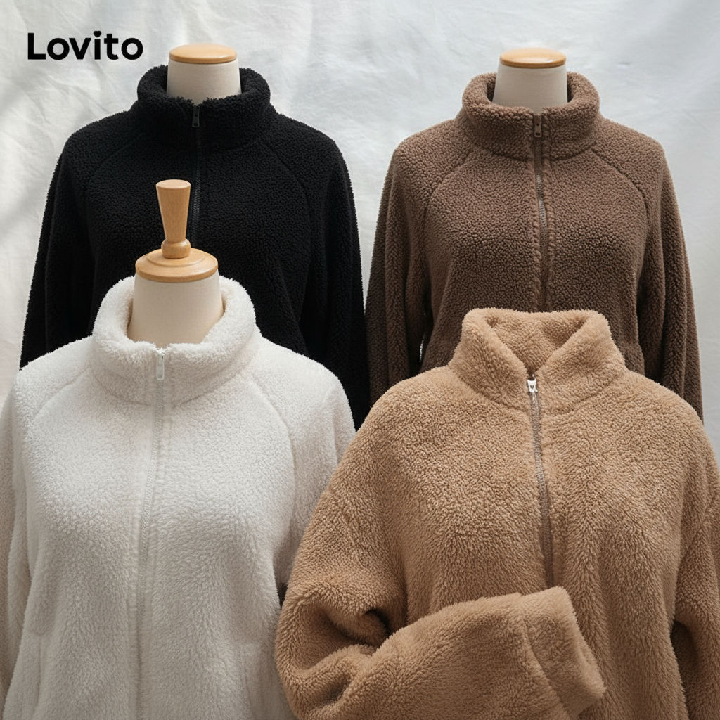 Lovito Casaco Básico Feminino com Zíper em Cores Sólidas LNE29211 em Oferta na Shopee