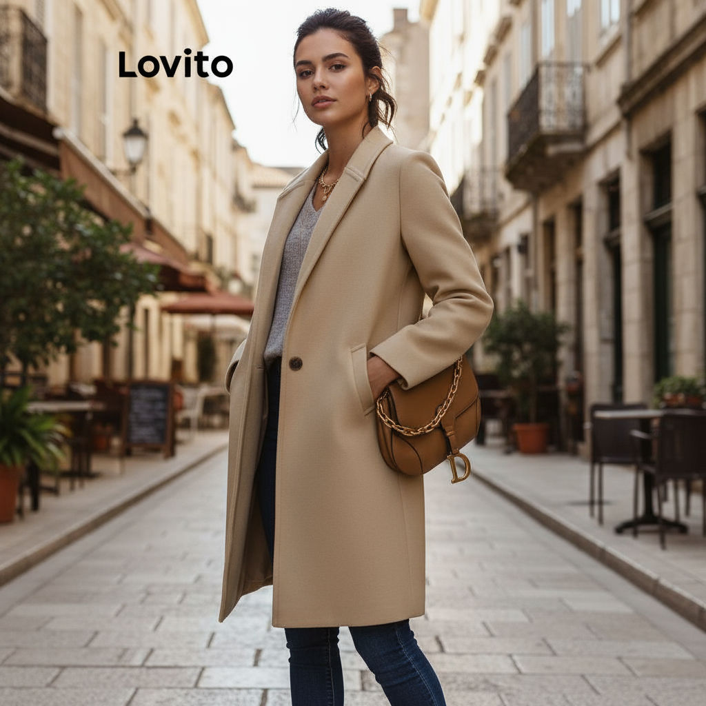 Lovito Refine Jaqueta Feminina Casual Bolsos Simples Mangas Longas Frente Aberta LNX07219 (Tan/Preto)\4 em Oferta na Shopee
