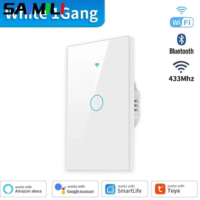 SAIMILI Para Tuya Interruptor de Parede WiFi Inteligente Painel Touch EUA 1Gang Sem Neutro RF433 para Smart Life Alexa