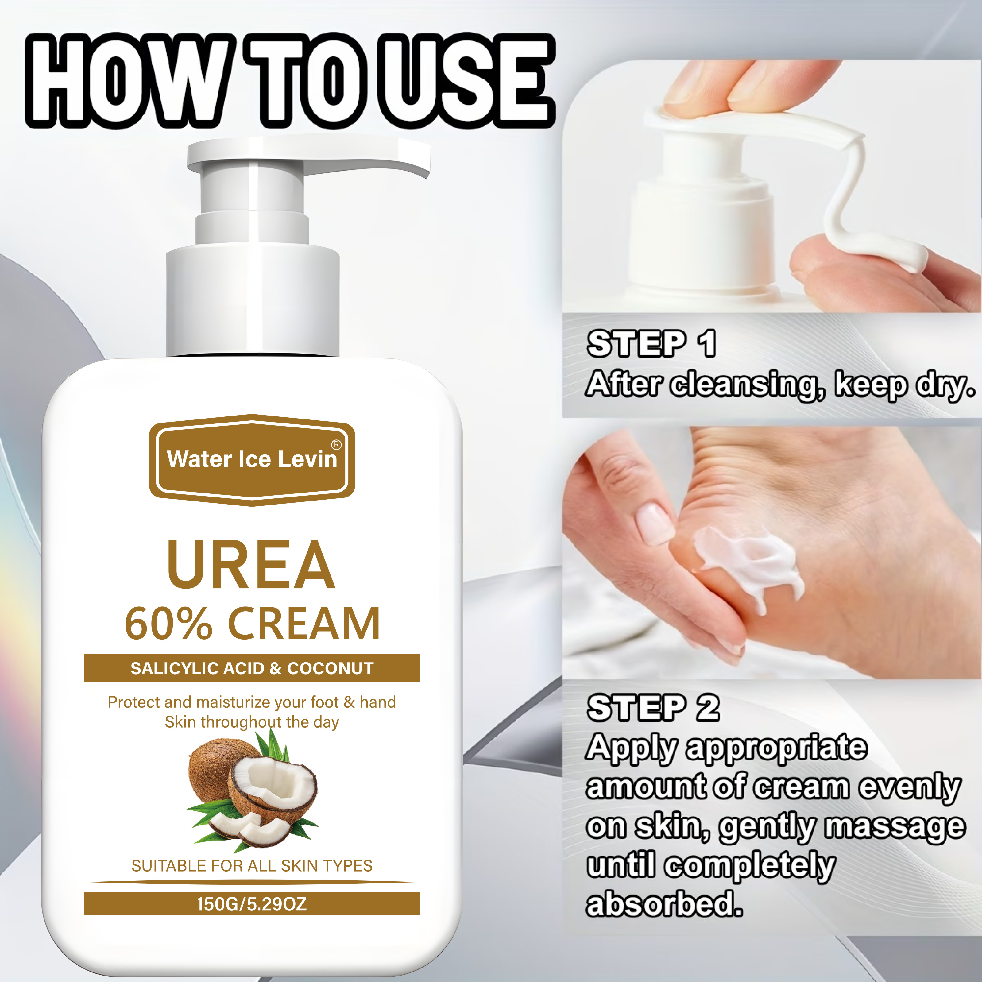 Creme de Ureia 60% Water Ice Levin 150g, com Ácido Salicílico e Óleo de Coco, Hidratante Diário para Mãos e Pés Secos e — imagem 2 de 2