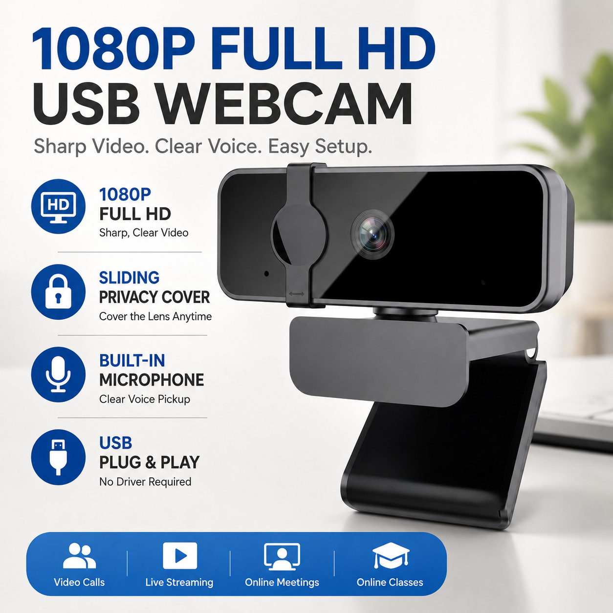 Câmera Webcam 1080P JCL para PC e notebook, com microfone e tampa de privacidade, conexão USB, plug & play, ideal para