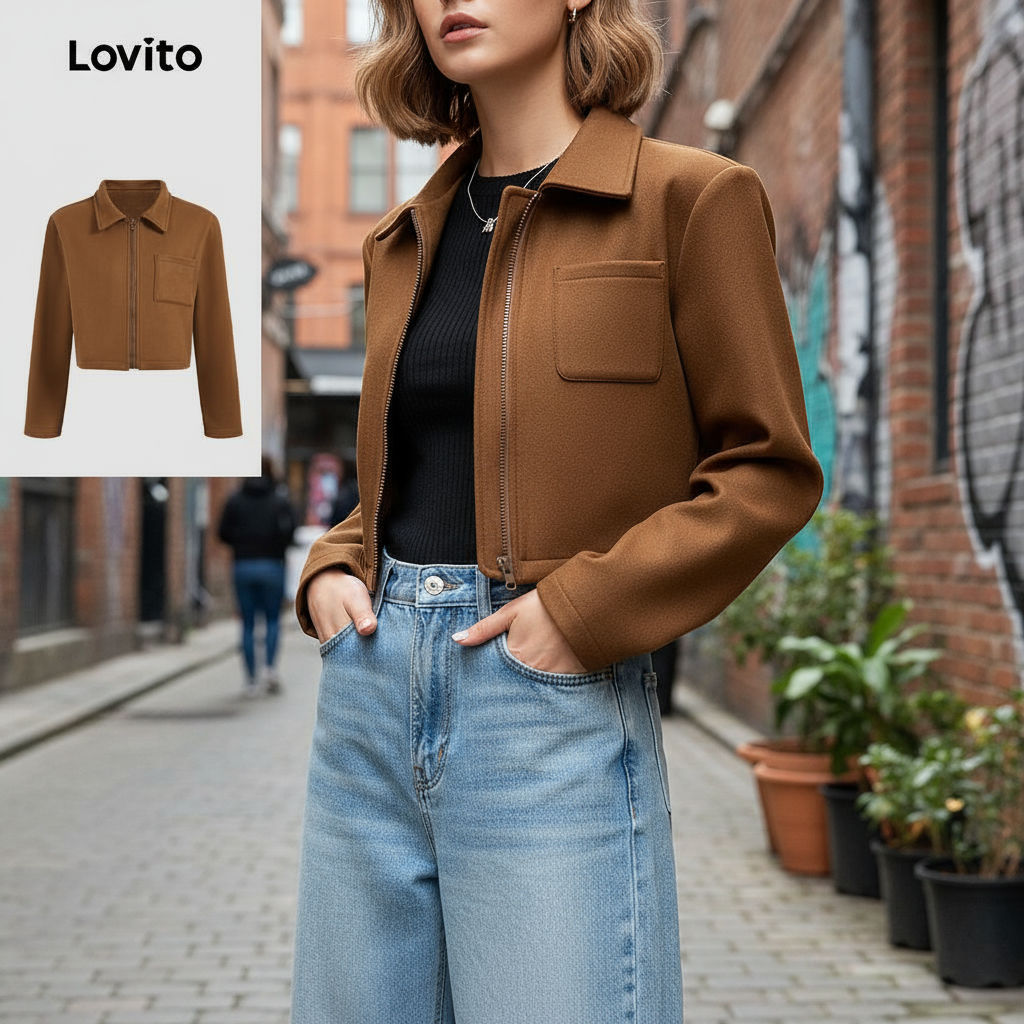 Jaqueta Casual Feminina Lovito Zíper Liso com Bolso Falso para Outono e Inverno LBL24450 em Oferta na Shopee