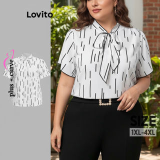 Lovito Blusa feminina plus size, elegante estampa geométrica e detalhe de amarração frontal, modelo LBL20083 em Oferta na Shopee