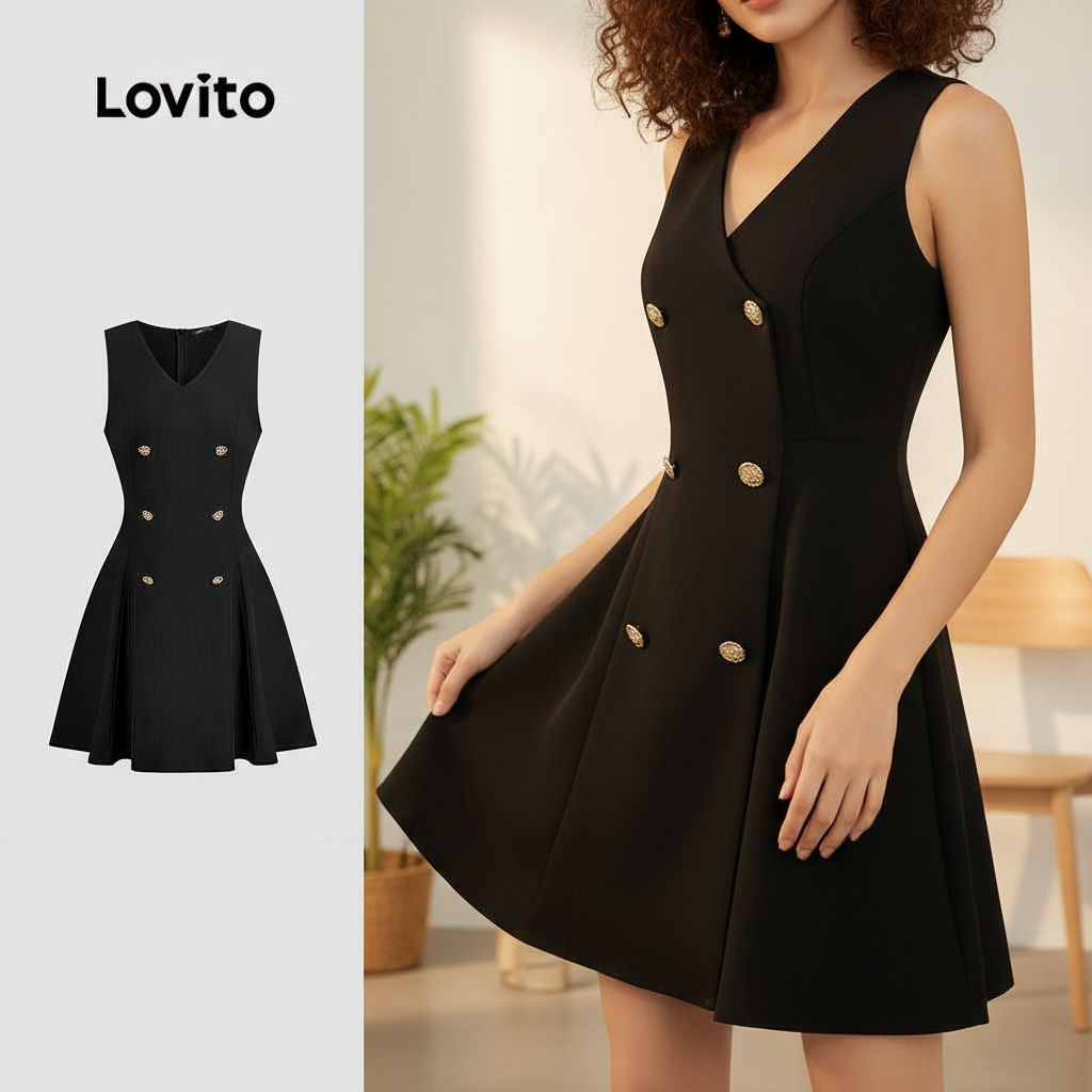 (Trendy2) Lovito Vestido Elegante Preto Liso Com Botão Frontal Para Mulheres L135AD890 em Oferta na Shopee