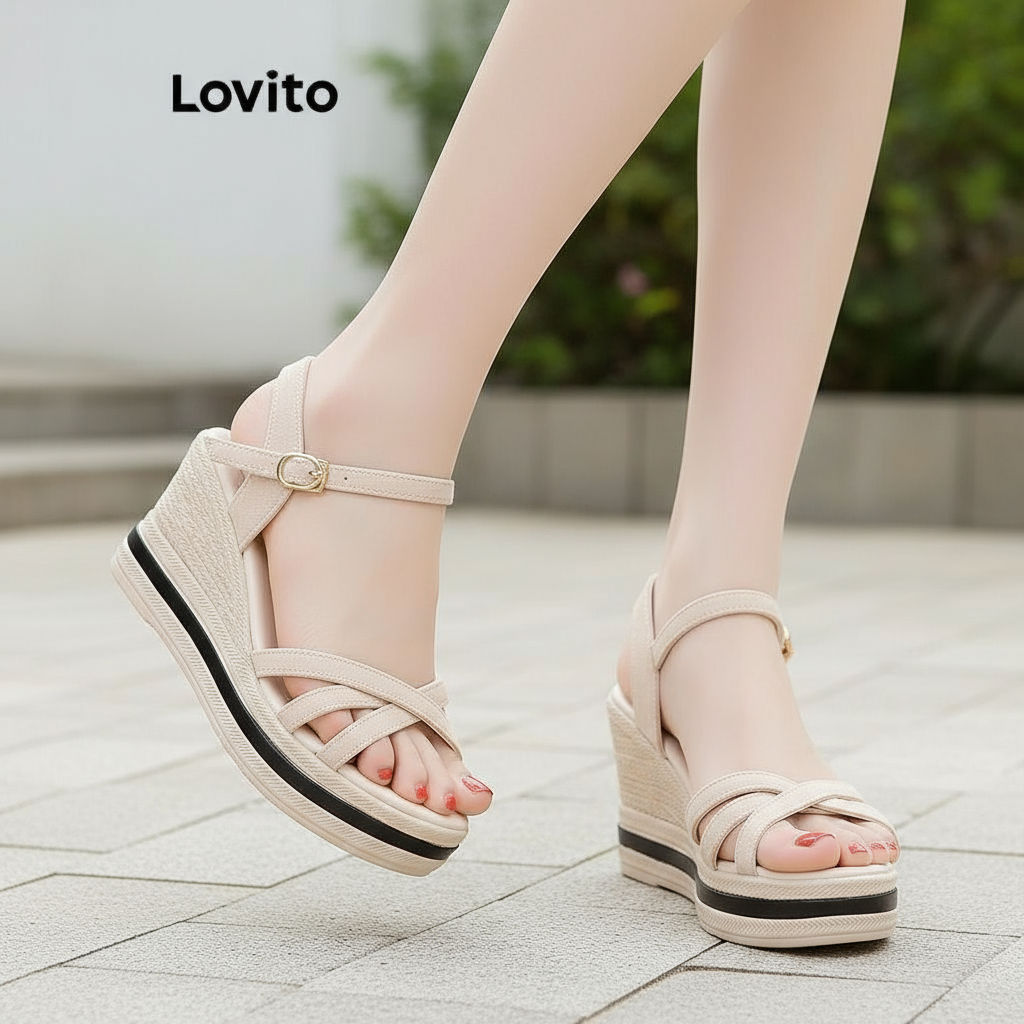 Lovito Sapato Plataforma Feminino com Salto Anabela para Verão LFA65254 em Oferta na Shopee