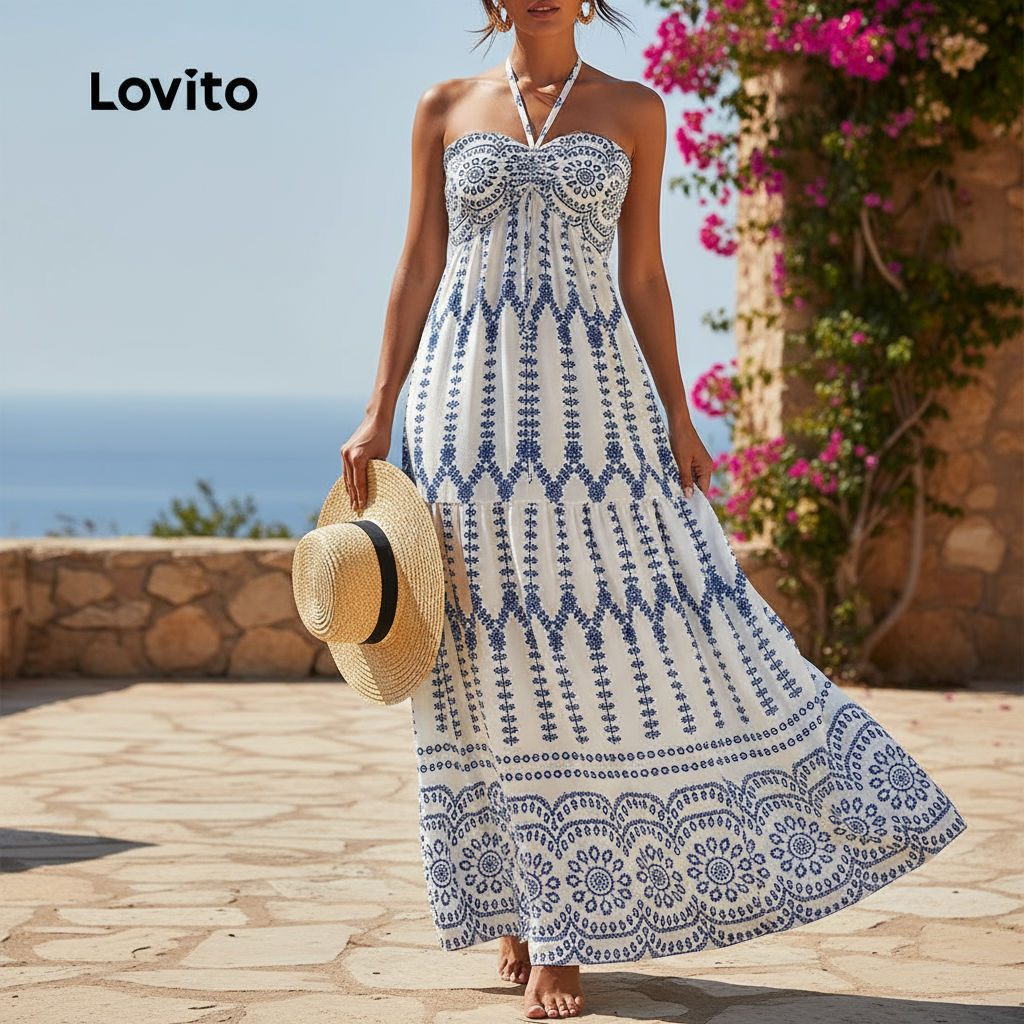 Lovito Vestido Boho Geométrico Plissado Exagerado Feminino Para Verão/Primavera L124AD052\4 em Oferta na Shopee