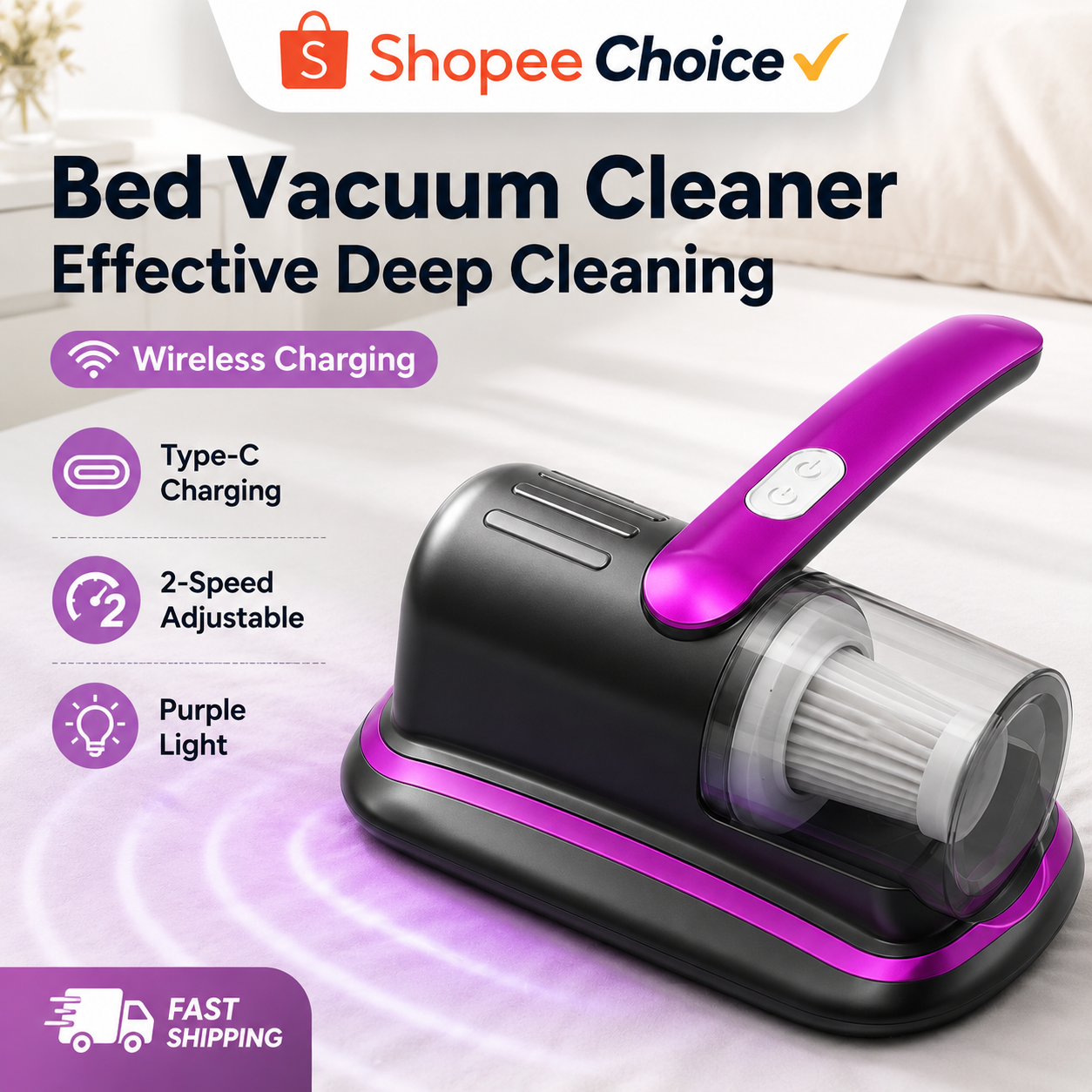 Aspirador De Pó Para Ácaros , Sem Fio , Portátil , Luz UV-C , Ultrassônico , 12KPa , Sucção , Filtro HEPA , Cama , Sofá