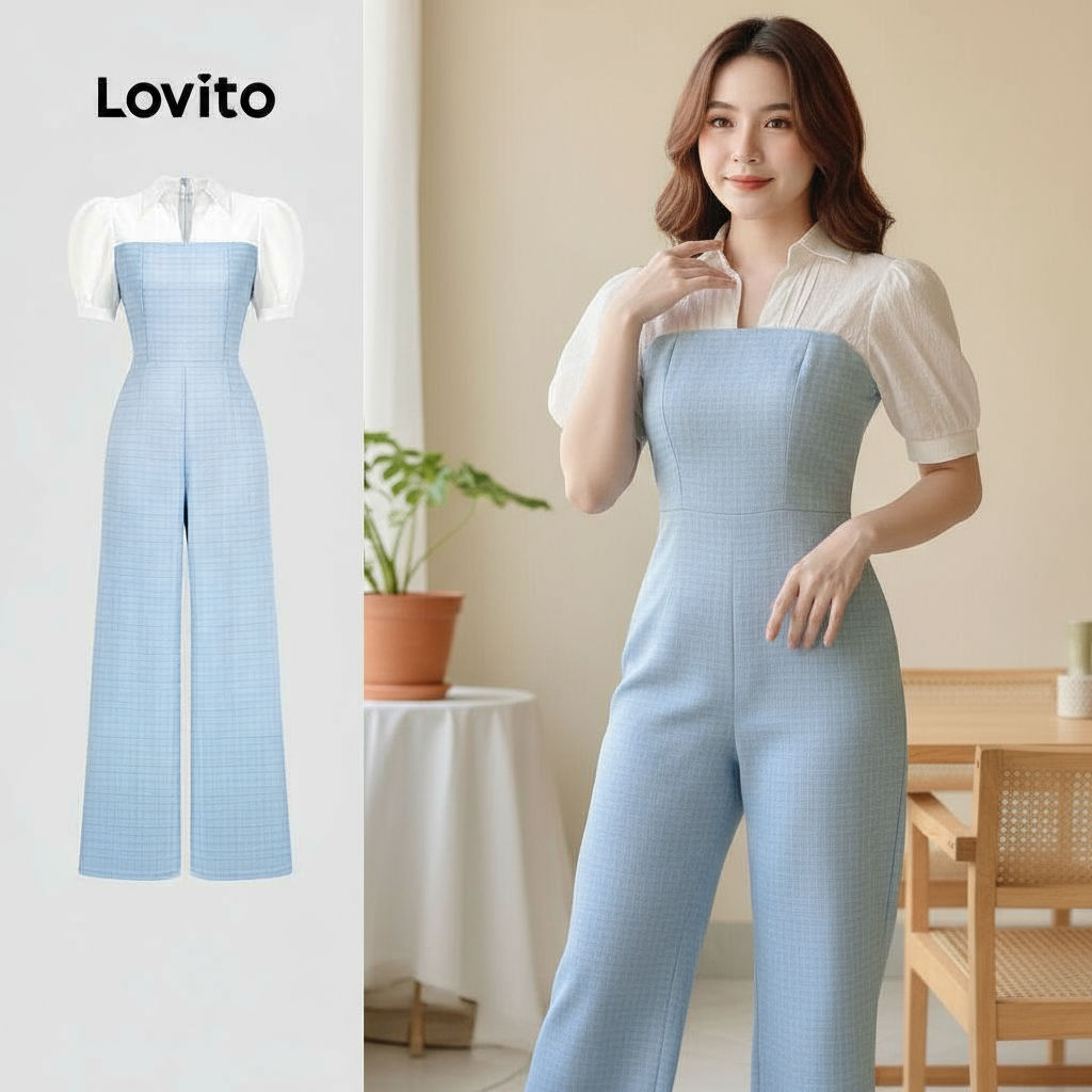 Lovito Macacão Casual Feminino Colorblock Zíper Primavera/Verão Azul L137ED822 em Oferta na Shopee