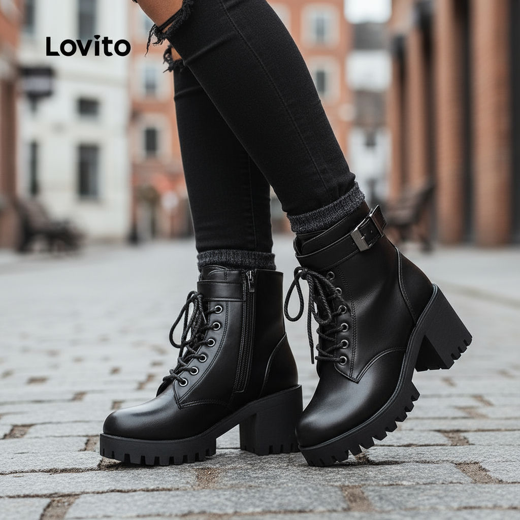 Lovito Botas Femininas Pretas Casuais com Cadarço e Salto Grosso LFA82115 em Oferta na Shopee