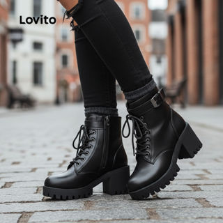 Lovito Botas Femininas Pretas Casuais com Cadarço e Salto Grosso LFA82115 em Oferta na Shopee