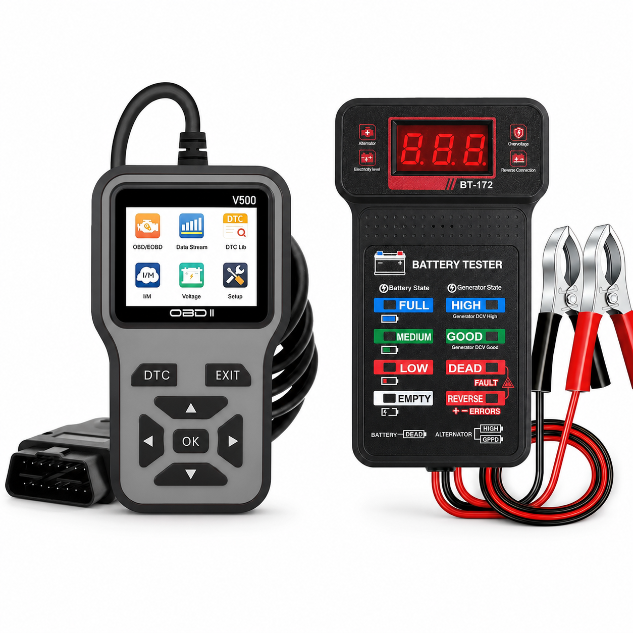 2pcs V500 Obd2 Scanner E Bt172 Kit De Testador De Bateria De Carro , Borracha De Leitor De Código De Falha Do Motor , Fe
