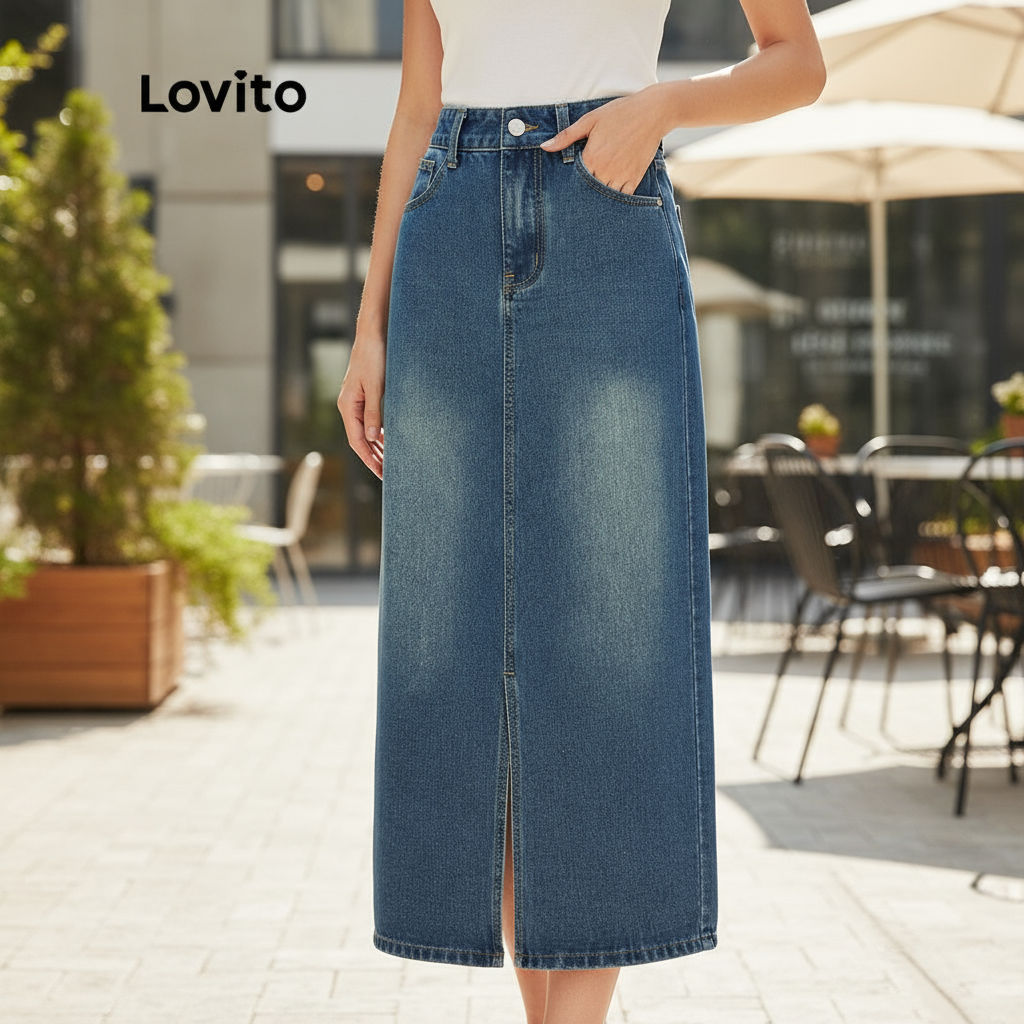 Lovito Saia Casual Feminina Jeans Midi Lisa Lavada Com Fenda L39AD079 em Oferta na Shopee