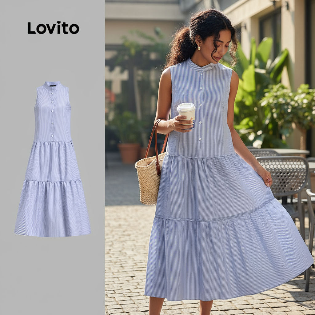 Lovito Vestido Feminino Casual Listrado em Camadas com Botão para Primavera/Verão Azul em Oferta na Shopee